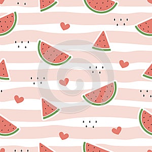 red cute watermelon on a pink pastel stripes