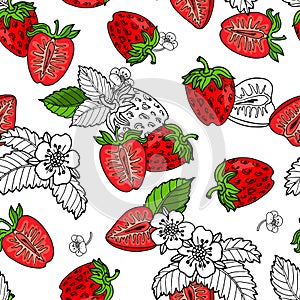 Red cuty fresh strawberry fruits,green leaves and black contour on white background.Vector seamless pattern.