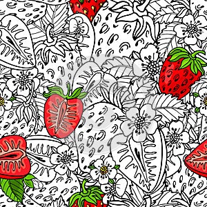 Red cuty fresh strawberry fruits,green leaves and black contour on white background.Vector seamless pattern.