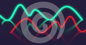 Red and cyan green glowing neon wavy lines with black surface reflections