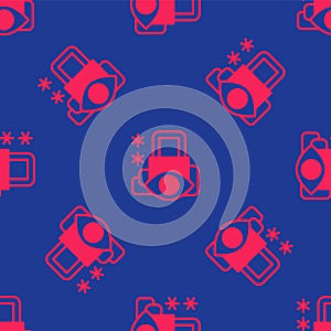 Red Cyber security icon isolated seamless pattern on blue background. Closed padlock on digital circuit board. Safety