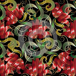 Red 3d flowers seamless pattern. Vector floral black background