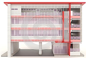 Red 3D modern office building exterior in white