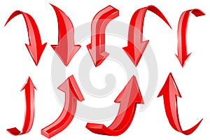 Red 3d shiny arrows. Set of Up and Down icons