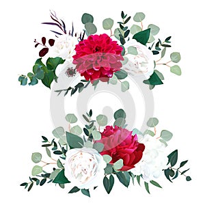 Red dahlia, burgundy peony, white rose, hydrangea, anemone