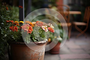 Red daisies blossoming in flower pots on medieval street of typical italian city. Generative AI