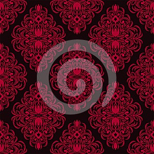 Red damask seamless Pattern on dark Background.
