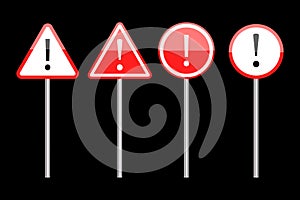 Red danger icon on a column. Warning road signs. Black background. Highway road. Vector illustration. Stock image.