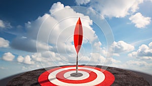 Red dart arrow in center of dartboard on blue sky background with clouds. Archievement concept