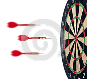 Red dart arrows flying to target dartboard. Metaphor to target success, winner concept. Isolated on white background
