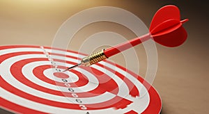 Red dart embedded in a bullseye on a circular dartboard with alternating red and