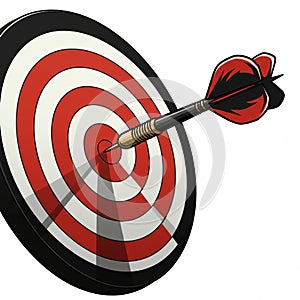 A red dart is embedded in the bullseye of a circular target with alternating red and