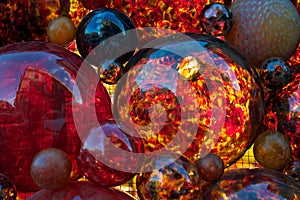 Red decoration, red glass, Christmas decor, red glass bubbles, fragment, red color, Christmas abstract, colorful background