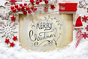 Red Decoration, Snow, Calligraphy Text Merry Christmas