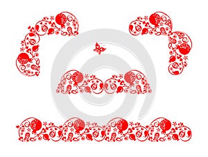 Red decorative floral headers, corners and seamless border with abstract pomegranate tree, fruit and flowers for book dividers and