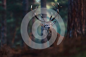 Red deer with big antlers looking towards camera.