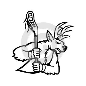 Red Deer Stag or Buck Wielding a Lacrosse Stick Side View Mascot Black and White