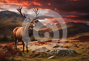 Red Deer Stag in Dramatic Mountain Landscape at Sunset