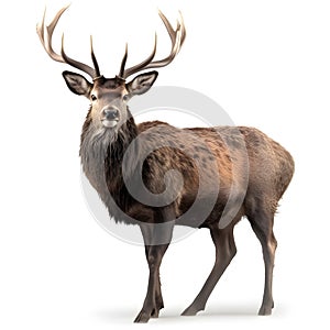 Red deer stag in front of a white background.