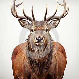 Red deer stag in front of a white background. generative ai