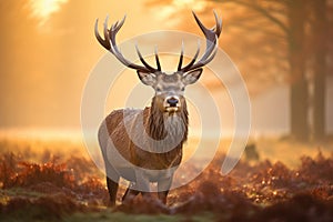 Red deer stag in morning sunlight. Fallow Deer Cervus elaphus, Majestic Red Deer Cervus elaphus stag in the morning mist, UK, AI