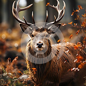 Red deer stag posing on a meadow close up