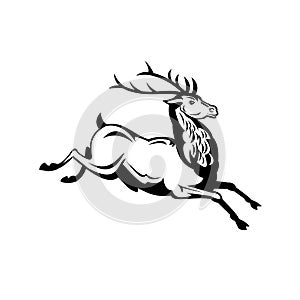 Red Deer Stag Running and Jumping Side View Retro Black and White