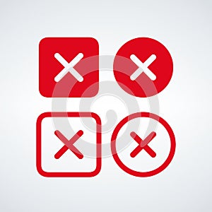 Red delete, Cancel, Close, Remove icon set in circle and square. Stock vector illustration isolated on white background.