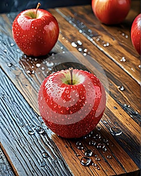 Red delicious apples with water droplets on beautiful wooden table