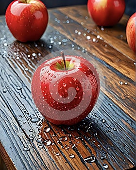 Red delicious apples with water droplets on beautiful wooden table