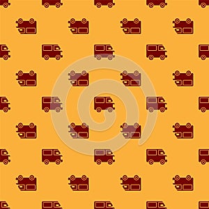 Red Delivery cargo truck vehicle icon isolated seamless pattern on brown background. Vector Illustration