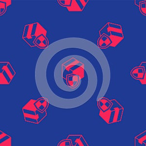 Red Delivery security with shield icon isolated seamless pattern on blue background. Delivery insurance. Insured