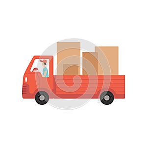 Red delivery truck with cardboard boxes, fast shipping concept vector Illustration on a white background