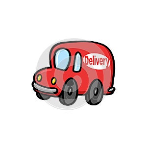 Red delivery truck cartoon on white background