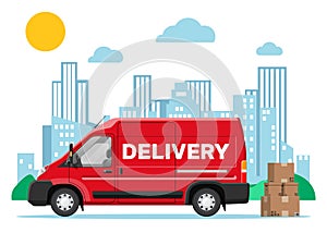 Red delivery van and cardboard boxes, cityscape