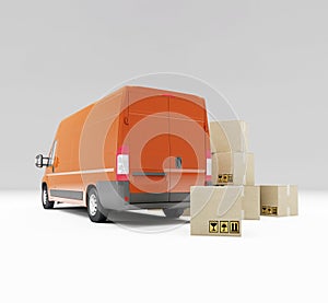 Red delivery van with cardboard boxes fragile signs. 3d illustration. Package delivery concept