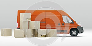 Red delivery van with cardboard boxes fragile signs. 3d illustration. Package delivery concept