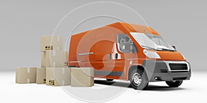 Red delivery van with cardboard boxes fragile signs. 3d illustration. Package delivery concept