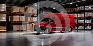 Red Delivery Van in a Distribution Warehouse awaits its cargo to be loaded