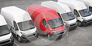 Red delivery van in a row of white vans. Best express delivery and shipemt service concept