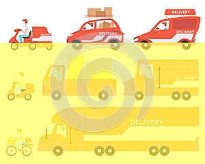 Red delivery vehicles set, express delivery concept vector Illustrations on a white background