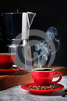 Red Demitasse Cups with Moka Espresso Maker photo