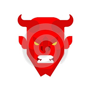 Red demon face. Horned Satan muzzle. Devil with horns head. Asmodeus vector illustration. Beelzebub lord of darkness. Lucifer