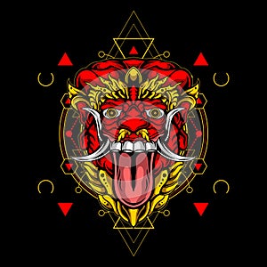 Red demon mask with sacred geometry illustration
