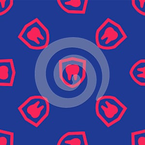 Red Dental protection icon isolated seamless pattern on blue background. Tooth on shield logo. Vector