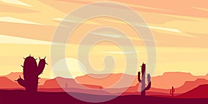 red desert landscape with cactuses at sunset