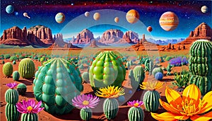 Red desert moon planet night sky astronomy flower blossom cactus