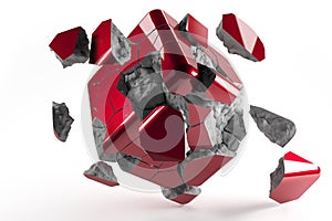 Red destructed 3d cube with falling pieces of cube
