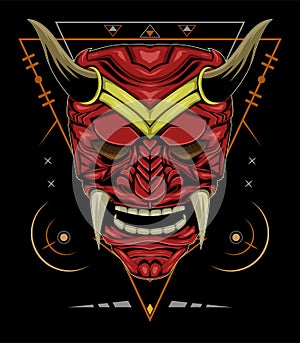 Red devil face illustration.  head of red demon. japanese demon mask