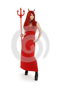 Red devil girl in latex boots